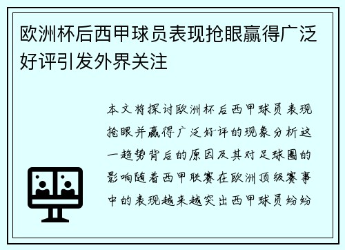 欧洲杯后西甲球员表现抢眼赢得广泛好评引发外界关注