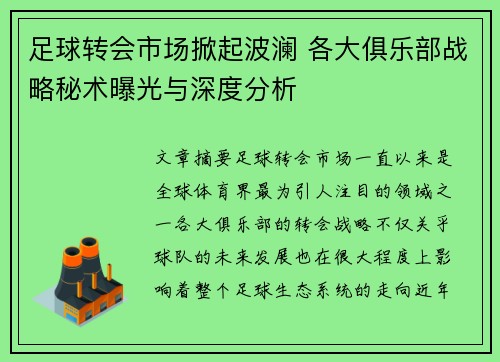 足球转会市场掀起波澜 各大俱乐部战略秘术曝光与深度分析